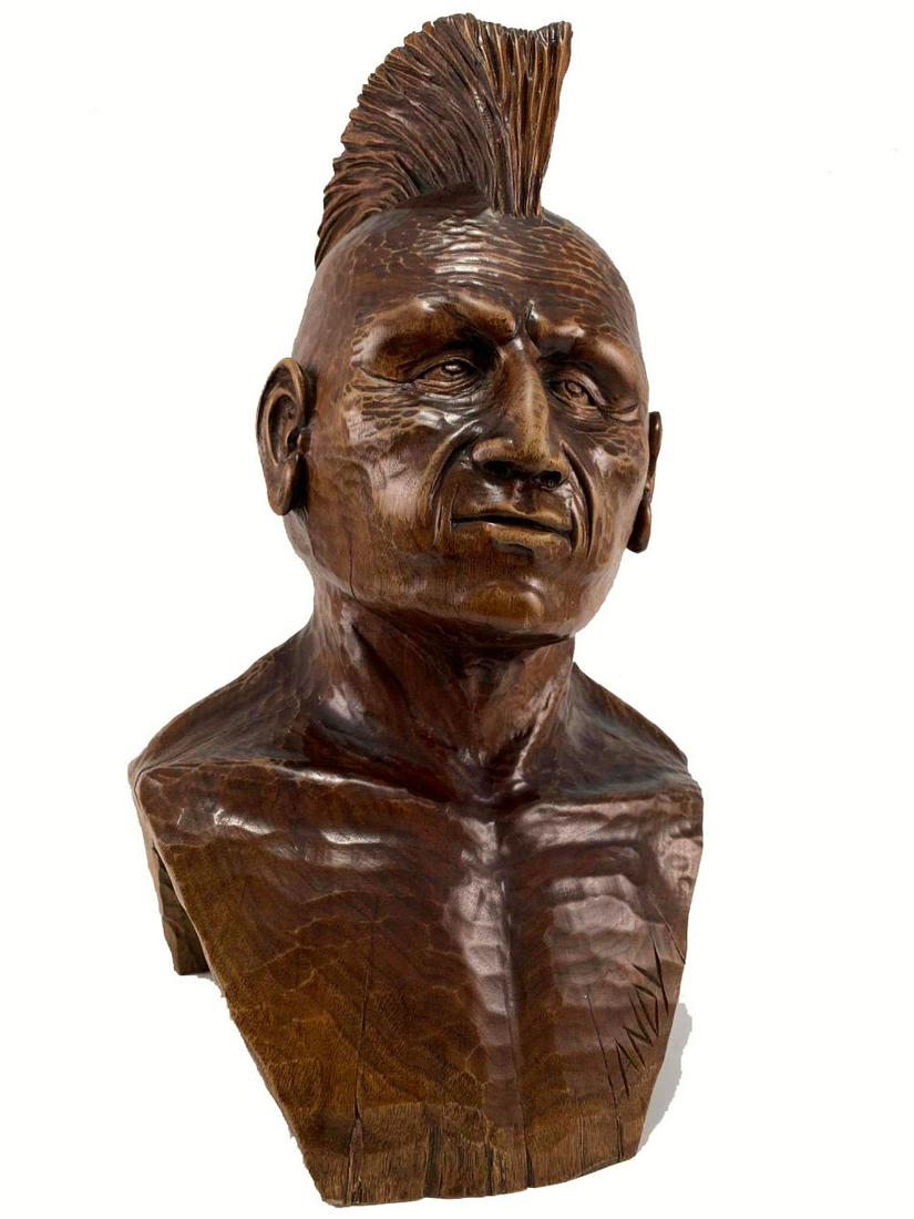 Finely Carved Wood Bust of a Native American with Mohawk (1 of 20)