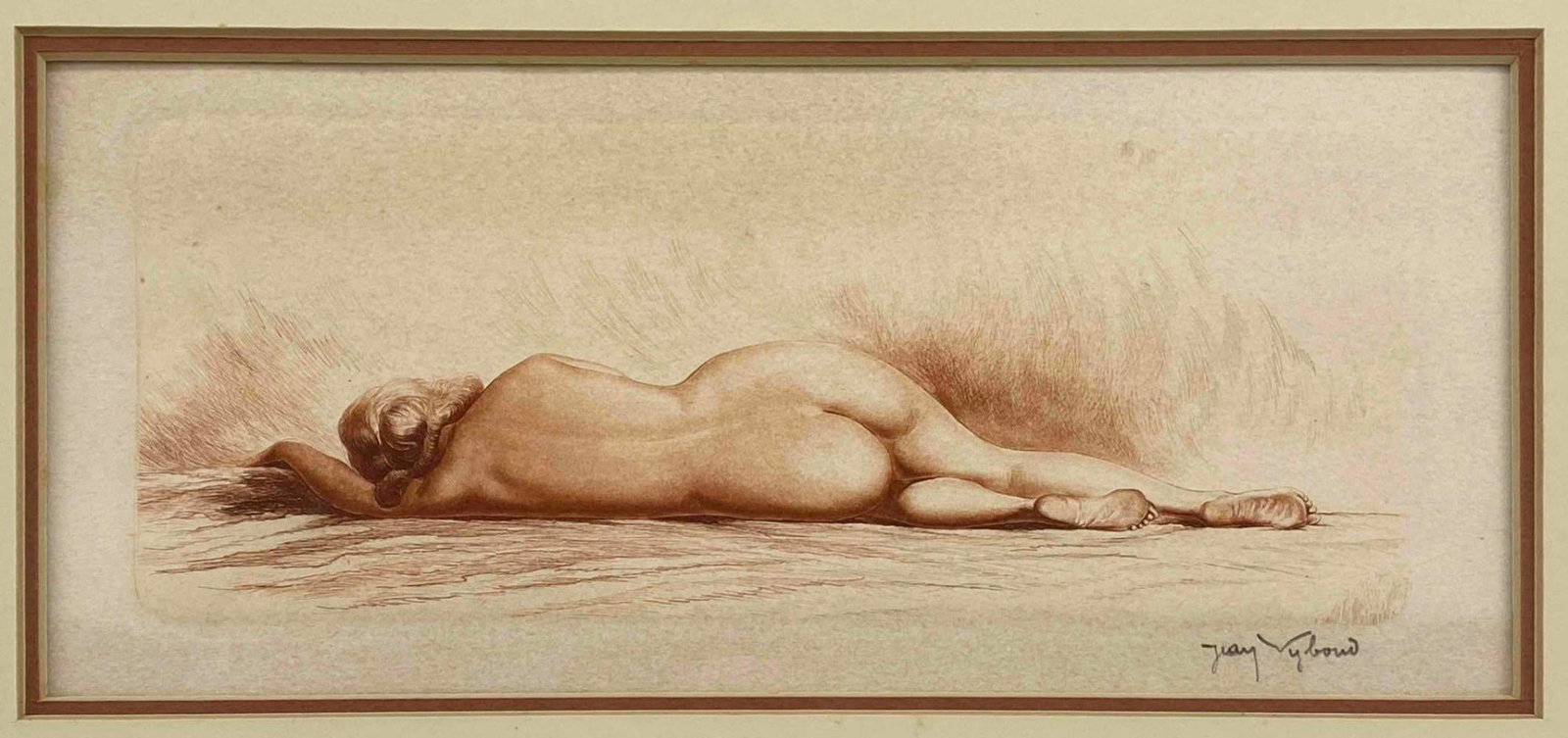 Jean Vyboud, Reclining Nude, Etching on Paper: Etching Titled Reclining Nude, Signed Jean Vyboud, Marked Original Etching. Includes Certificate Of Authenticity From WJ Gilbert Gallery, San Francisco. Frame Approximately 16.6875W x 1125H x 1D in. S