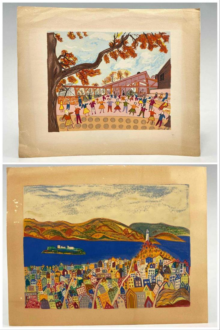 Two Folk Art Scenes on Paper, One Signed Emil (1 of 20)