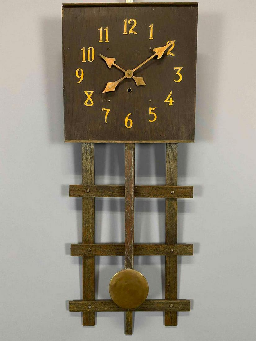 Antique Arts and Crafts Mission Oak Wall Clock, National Clock Mfg Co of Chicago, IL: Antique Arts and Crafts Mission Oak Wall Clock, National Clock Mfg Co of Chicago, IL. Approximately 35.625H x 14.75W x 3.125D in.