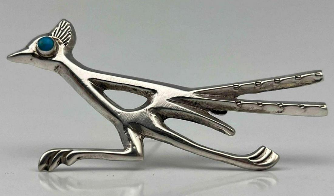 Vintage Native American Sterling Silver Turquoise Roadrunner Brooch (1 of 7)