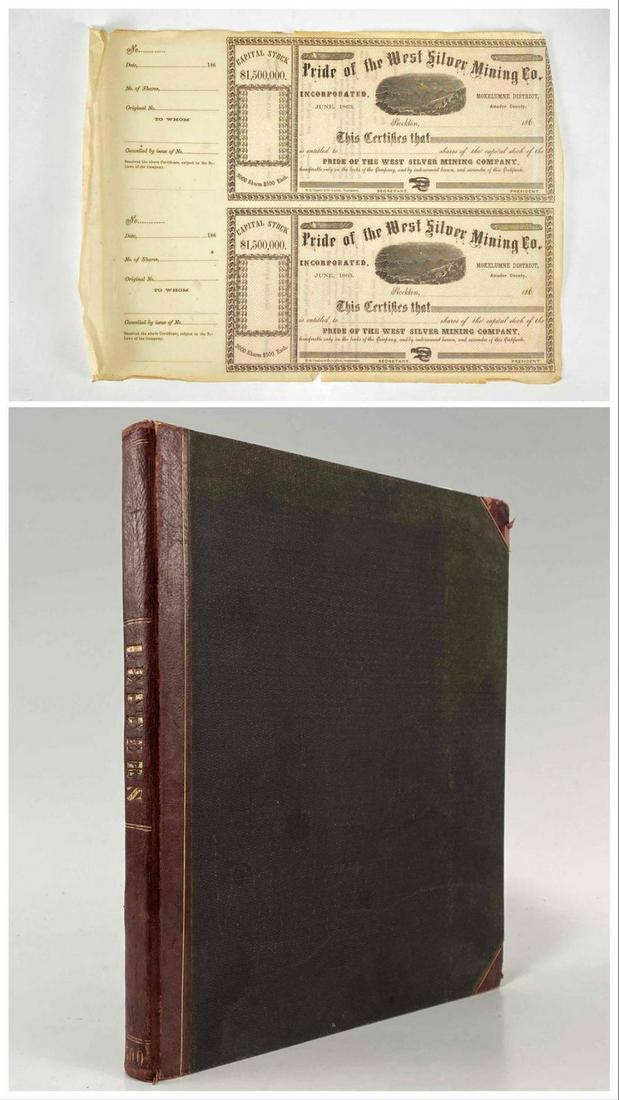 Ledger With 1863 Pride Of The West Silver Mining Capital Stock Certificates (1 of 20)