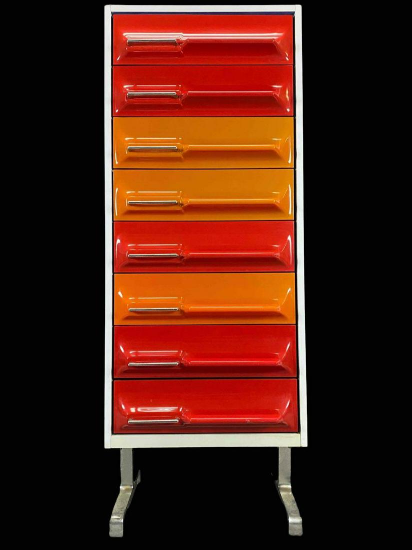 Tall Chest, Giovanni Maur for Treco, Manner of Raymond Loewy: Tall Chest, Giovanni Maur for Treco, Manner of Raymond Loewy Orange, Red, And White Mid Century Modern Dresser. Approximately 57.3125H x 21.375W x 20.125D in.