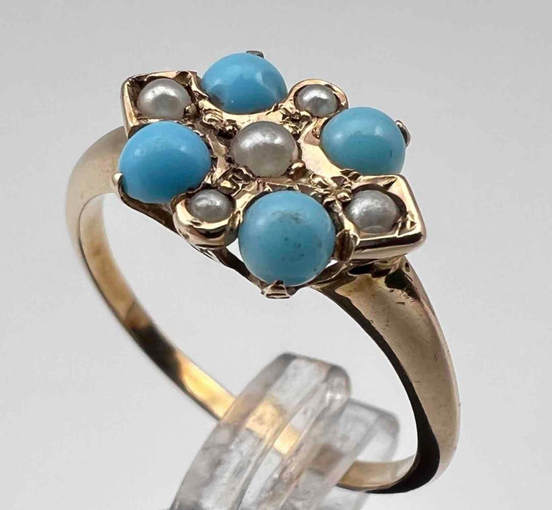 Antique 10K Gold, Persian Turquoise, And Seed Pearl Ring (1 of 6)