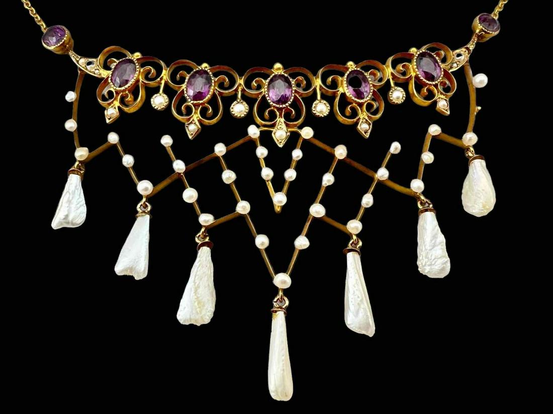 Victorian 10K Gold Russian River Pearl And Amethyst Necklace (1 of 20)