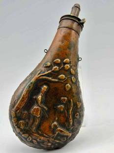 Civil War Antique Metal Gunpowder Flask With Hunting Scene: Civil War Antique Metal Gunpowder Flask With Hunting Scene. Unmarked. Approximately 8.75L x 4.125W x 1.5D in. Direct Provenance. Part Of The Richard Carter Collection.Handed down directly through his