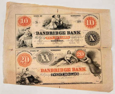 2 Civil War Continious10 Dollar & 20 Dollar Bank Notes From The Dandridge Bank: 2 Continious10 Dollar & 20 Dollar Bank Notes From The Dandridge Bank. Marked Tennessee 1854. Approximately 8.875 L x 8.75 W Inches. Direct provenance, part of the Richard Carter Collection..Handed dow
