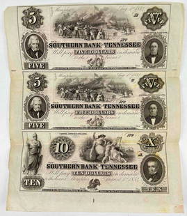 3 Civil War Continuous Bank Notes Of the Southern Bank Of Tennessee: 3 Continuous Bank Notes Of the Southern Bank Of Tennessee. Marked 1854. 2 5 Dollar Notes And 1 10 Dollar Note. Approximately 9.9375 L x 8.5 W Inches. Direct provenance, part of the Richard Carter Coll