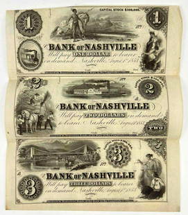 3 Civil Continuous Bank Of Nashville Notes: 3 Continuous Bank Of Nashville Notes. Marked 1853. 1, 2, And 3 Dollar Notes From The Bank Of Nashville, Tennessee. Approximately 9.625 L x 8 W Inches. Direct provenance, part of the Richard Carter Col