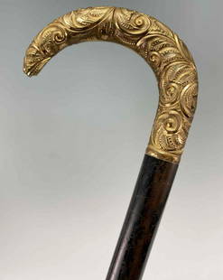 Antique Wooden Cane With Gold Filled Handle: Antique Wooden Cane With Gold Filled Handle, Marked R Carter. Approximately 36 H x 3.875 W Inches. Direct provenance, part of the Richard Carter Collection. Direct Provenance, Part of the Richard Cart