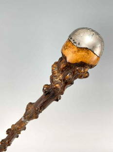 Phenomenal Antique Burl Wood Cane With Formed Silver Top & Bands: Phenomenal Antique Burl Wood Cane With Formed Silver Top & Bands Top Marked Richard Carter, Dodgeville Wis, June 1892, From EG Potter, The Plymouth. Silver Band Marked Union League, Solid Silver. Appr