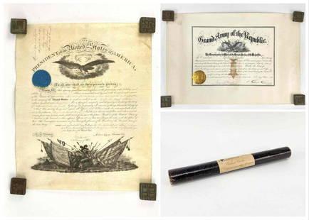 Lincoln Signed Commission Documents Of Richard Carter: Lincoln Signed Commission Documents Of Richard Carter, One Signed Abraham Lincoln, In Original Marked Tube. Presidential Commission Paper Dated May 18th, 1864. Grand Army Of The Republic Commission Pa