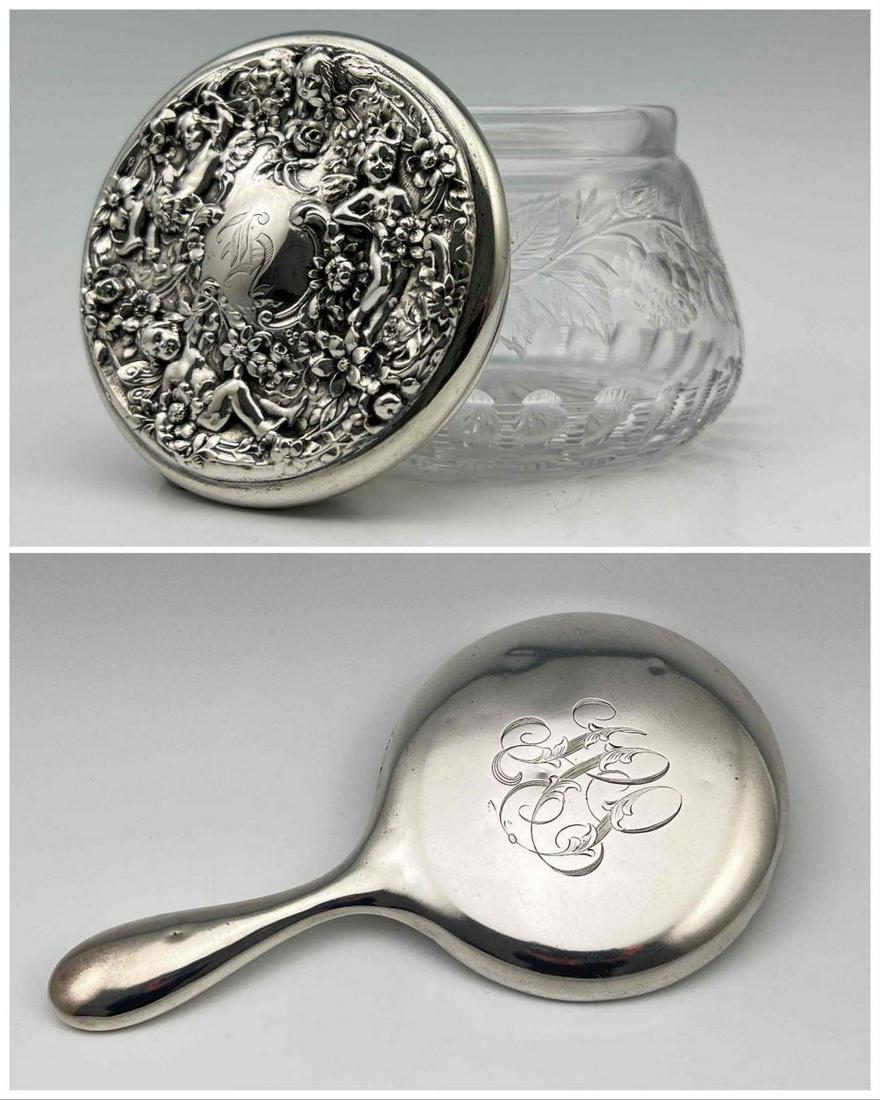 Sterling Silver Hand Mirror And Cut Glass Powder Jar (1 of 18)