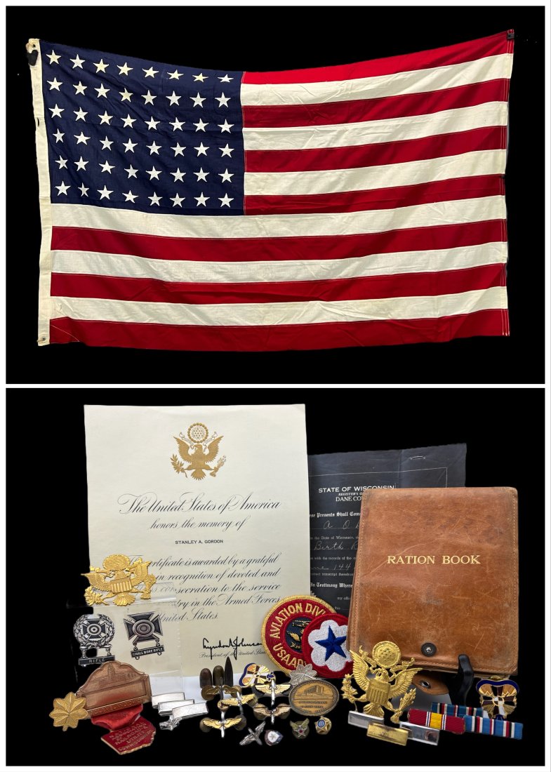 WWII Military Documents, Ration Book, Bullets, Military Medals, And 48 Star Flag.: WWII Military Documents, Ration Book, 25 Military Medals, And 48 Star Flag. Includes Sterling Silver Rifle and Small Bore Rifle Badges, And 3 Sterling Silver Bar Pins. All Marked Sterling, Weight 33.9