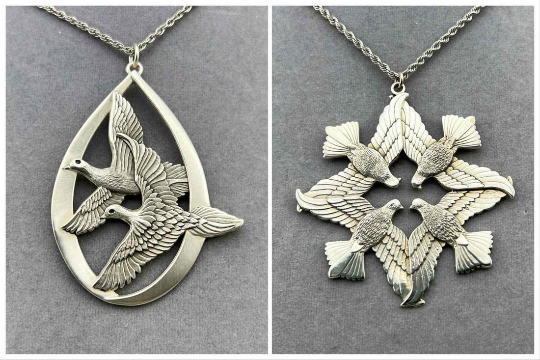 2 Wallace Sterling Silver Dove Medallions: 2 Wallace Sterling Silver Dove Medallions On Silver Chains. Marked Sterling, Wallace. 57.2g. 1971 Peace On Earth And 1972 Peace On Earth. 1971 Medallion Approximately 2.75 L x 2.5 W Inches. Chain Leng