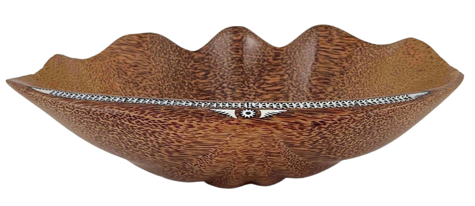 Giant Clam Shell Bowl, Executed in Palm Wood, Mother of Pearl Inlay: Hand Carved Giant Clam Shell Bowl, Executed in Palm Wood, Mother of Pearl Inlay. Unmarked. Approximately 11.9375 L x 7.25 W x 3.75 D Inches.