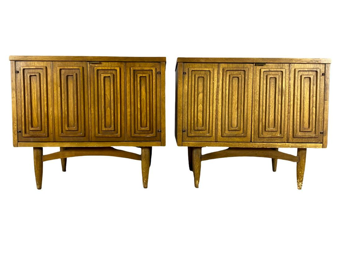 Pair of Broyhill Sculptra Mid Century Modern Walnut Nightstands: Pair of Broyhill Sculptra Mid Century Modern Walnut Nightstands or End Tables, With Geometric Design Doors. Marked R3 J Hollander, 191-910-11 Night Comm Wal. Approximately 24W x 21.125H x 18.0625D in.