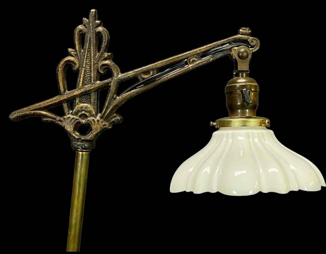 Antique Bridge Lamp With Claw Foot Base: Antique Bridge Lamp With Claw Foot Base, Decorative Base, And Glass Shade. Approximately 58.0H x 15.0W x 9.5D in.