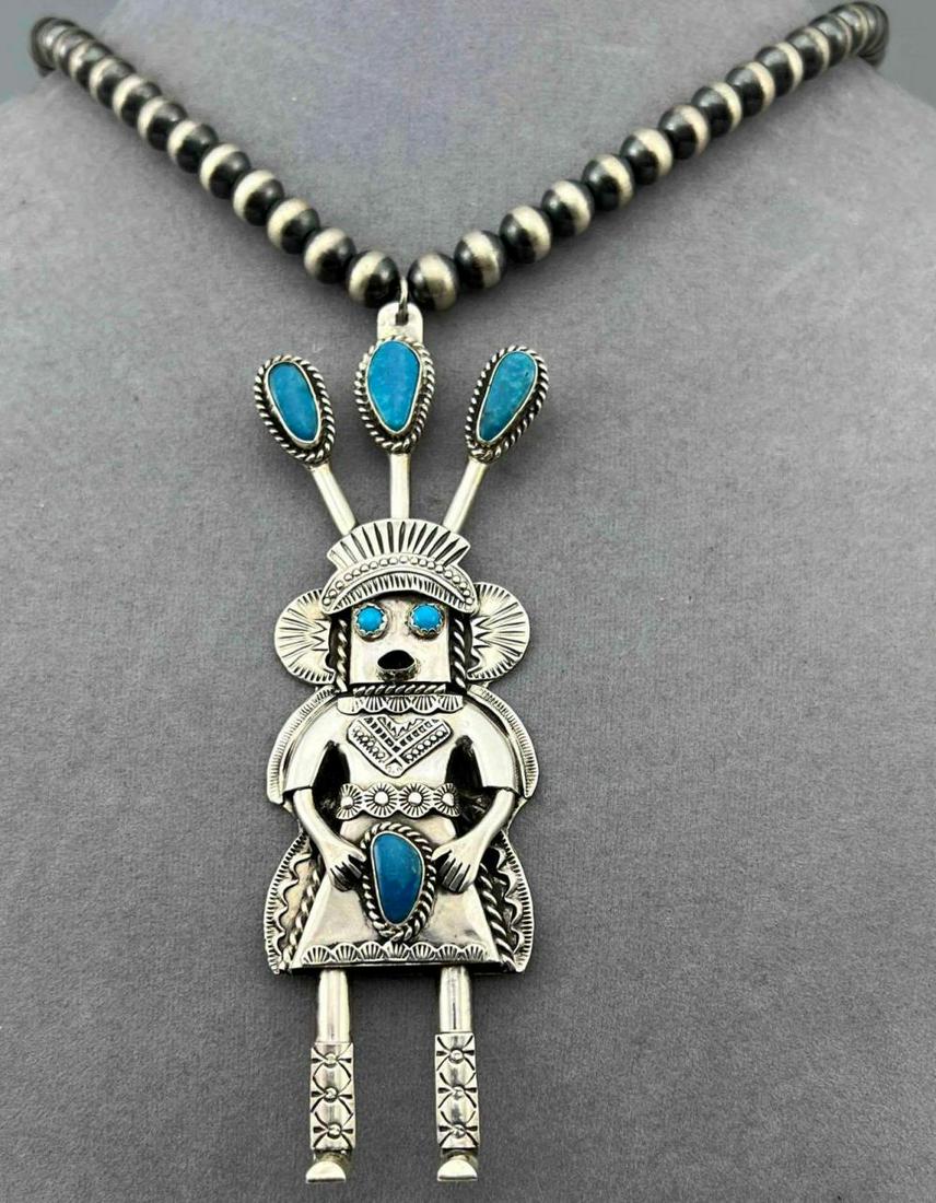 Sterling Silver Pearls & Kachina: Navajo Sterling Silver Turquoise Kachina On Handmade Sterling Silver Beaded Necklace By Navajo Garret Hale. 74.4g. Marked G Hale, Sterling. Kachina Approximately 4.75L x 1.5W in. Necklace Approximatel