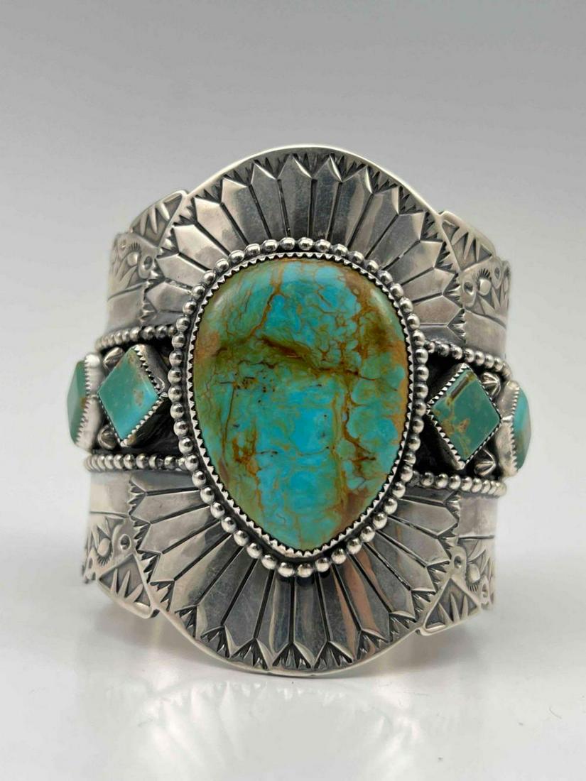Navajo Sterling Silver Turquoise Cuff Bracelet: Navajo Sterling Silver Turquoise Cuff Bracelet By Navajo Marcus Chavez. 161.9g. Marked Sterling, Signed Marcus C. Width At Front Approximately 3.0 in. Inner Cuff Approximately 6.0 in. Cuff Break Appro