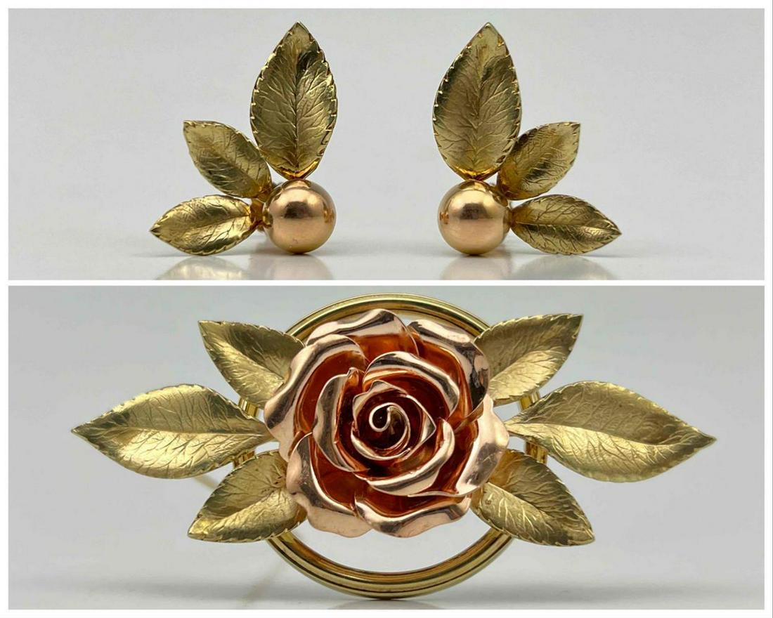 14K Gold Rose Brooch And Rose Leaf Earring Set (1 of 11)