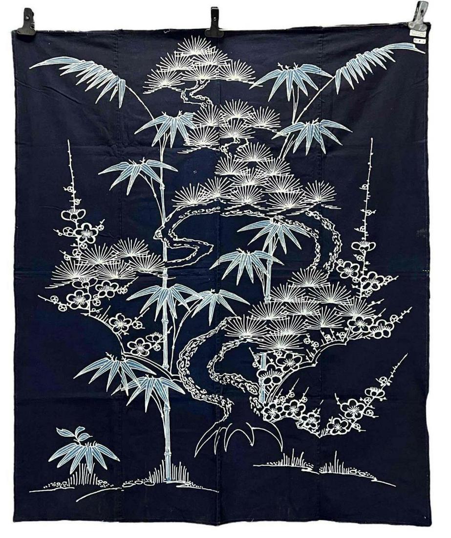 Japanese Indigo Blue Katazome 4 Panel Futongawa Textile: Japanese Indigo Blue Katazome 4 Panel Futongawa Textile With Bamboo, River, And Cherry Blossom Design. Attached Tag Reads 4 Panel Futongawa Shochikubai, T #14. Approximately 61.125L X 51.5W in.