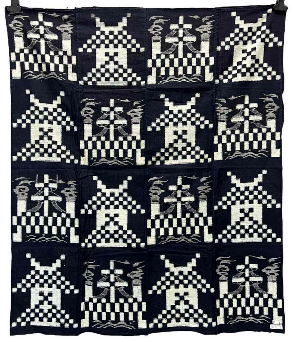 Japanese Indigo Blue Katazome 4 Panel Textile: Japanese Indigo Blue Katazome 4 Panel Textile With Castle And Battleship Motif And Intricate Boro Repair Work. Attached Tag Reads 4 Panel Castle Battleship Gana, Kyushu, T# 11 Approximately 56.325L x 