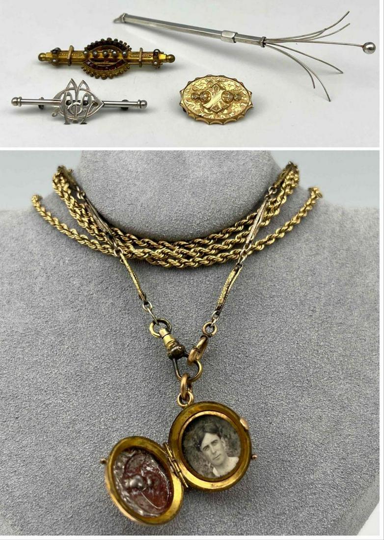 Antique Costume Jewelry Lot: Antique Costume Jewelry Lot With Sterling Silver, Gold Filled, And Gold Plate. Sterling Weight 8.0g. Includes Gold Plate Locket With Antique Photograph, Two Chains, Three Brooches, And Sterling Champa