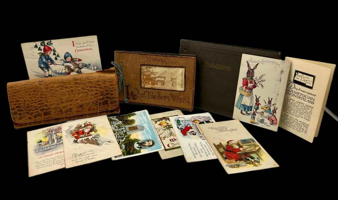 Collection Of Antique Photo Albums & Postcards: Collection Of Antique Photo Albums & Postcards, Young Child's Letter From 1924, And Leather Wallet. Letter Reads Madison Wis Nov 11, 1924, Dear Dick How Are You Ha-Ha. I Bet You Are Going To Bed. This
