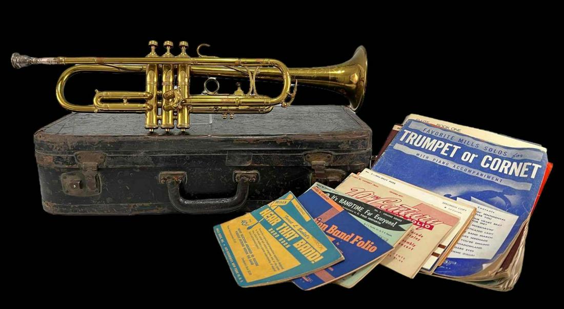 King Made Trumpet: King Made By H.N. White Trumpet With Case, 9 Trumpet Band Folios, And 7 Music Books For Trumpet And Flute. Trumpet Marked King Made By H. N. White, 78253. Largest Item Approximately 21.6875 L x 10.75 
