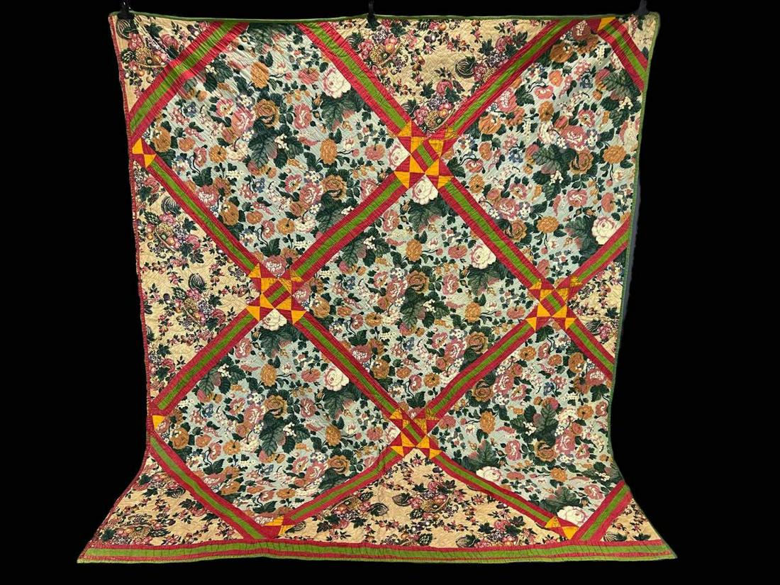 Older Hand Stitched Quilt Of Brightly Colored Floral Fabrics (1 of 20)