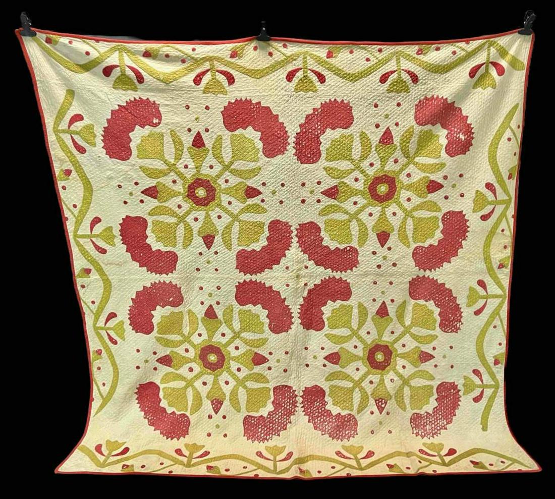 Antique Hand Stitched Thistle And Cockscomb Pattern Quilt: Antique Hand Stitched Thistle And Cockscomb Pattern Quilt. Marked Thistle And Cockscomb, Date Unknown, Maker Unknown. Approximately Approximately 81.5 L x 81 W Inches.