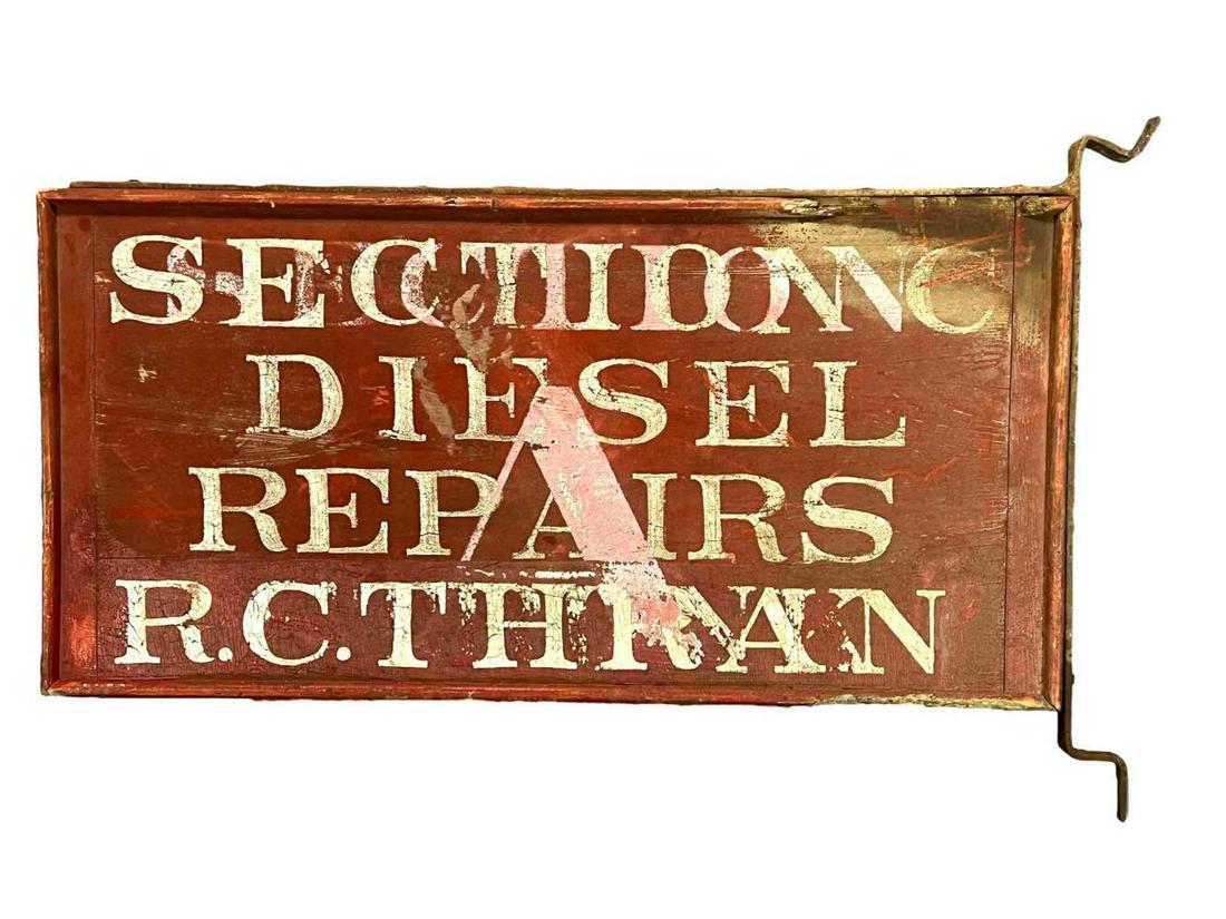 Early Reading Railroad Pennsylvania Train Repair Shop Sign: Early Painted Wood Railroad Diesel Engine Repair Sign, From RC Thran's Shop Servicing Reading Railroad Trains in Pennsylvania. Sign Reads Section C Diesel Repairs R.C. Thran. Approximately 38.75 x 18.