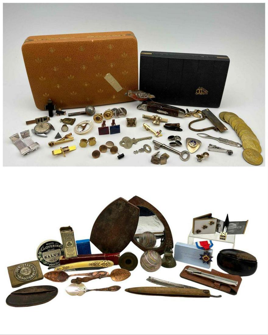19 Pieces Antique And Vintage Collectibles: Lot Antique And Vintage Collectibles, Including Antique Snuff Box, Large Antique Marble, Straight Razors, Military Order Loyal Legion Medal, Folding Mirror, Mid Century Pocket Photo Carrier, 2 Mid Cen