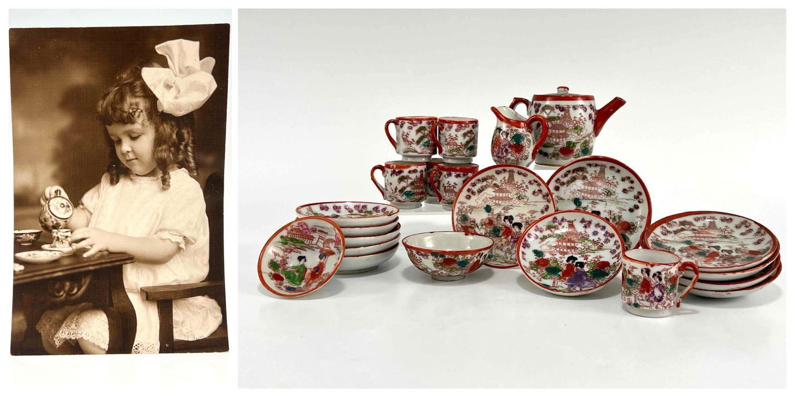 22 Piece Antique Japanese Hand Painted Miniature Tea Set: 22 Piece Antique Japanese Hand Painted Miniature Tea Set With Photograph In Use By Original Owner. Includes Tea Pot, Cream Pitcher, 6 Cups, 2 Bowls, 6 Larger Plates, And 6 Smaller Plates. Marked Made