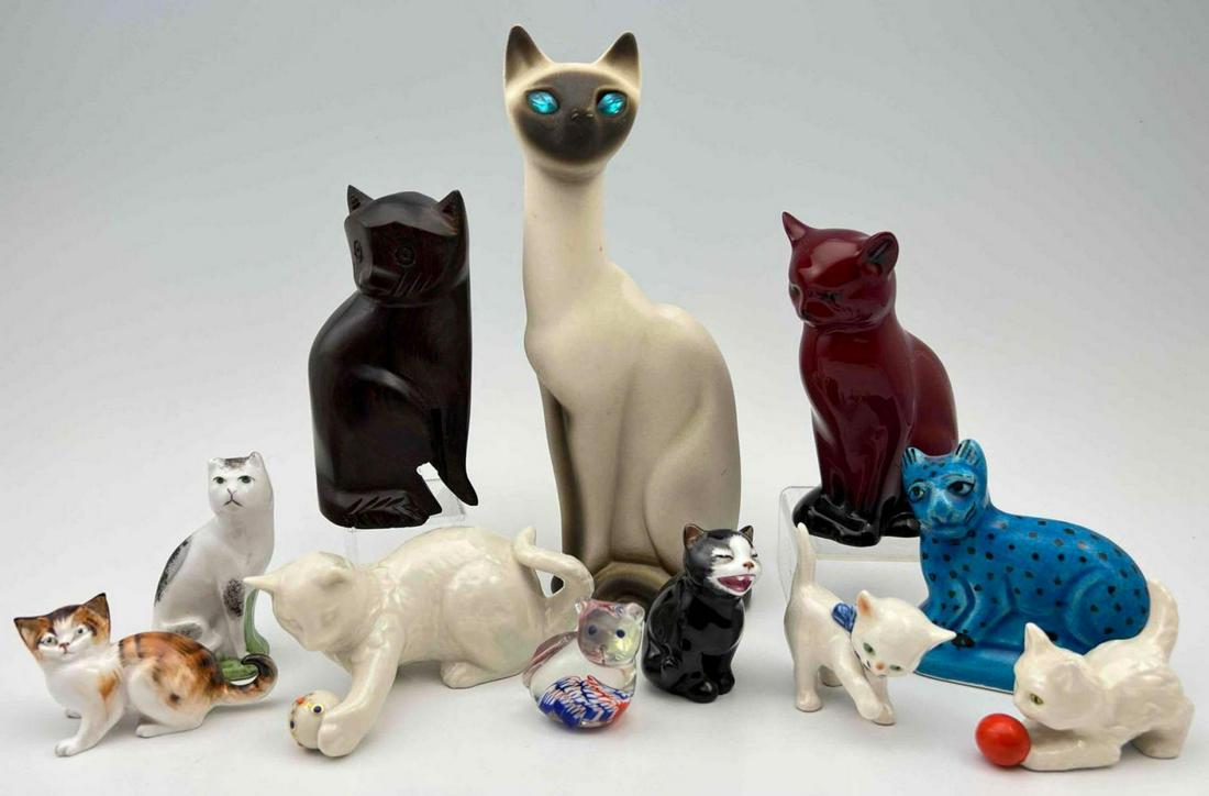 Large Cat Lovers Lot: 11 Ceramic, Art Glass, Hand Carved Wood, And Porcelain Cat Figurines, Including California Pottery, Goebel, Royal Doulton, And Lenox. 2 Marked Royal Doulton, Made In England, Bone China, . 1 Marked Ro