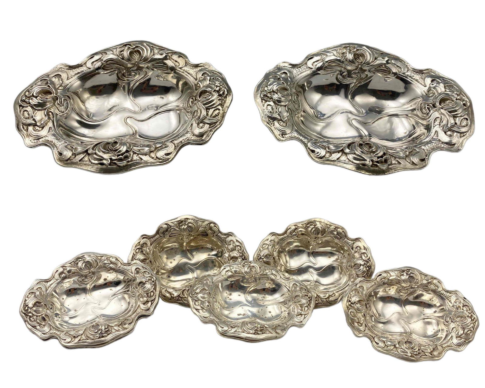 William B. Kerr & Co. Sterling Silver Art Nouveau Bowls And Salt Cellars With Repousse Floral Design (1 of 16)