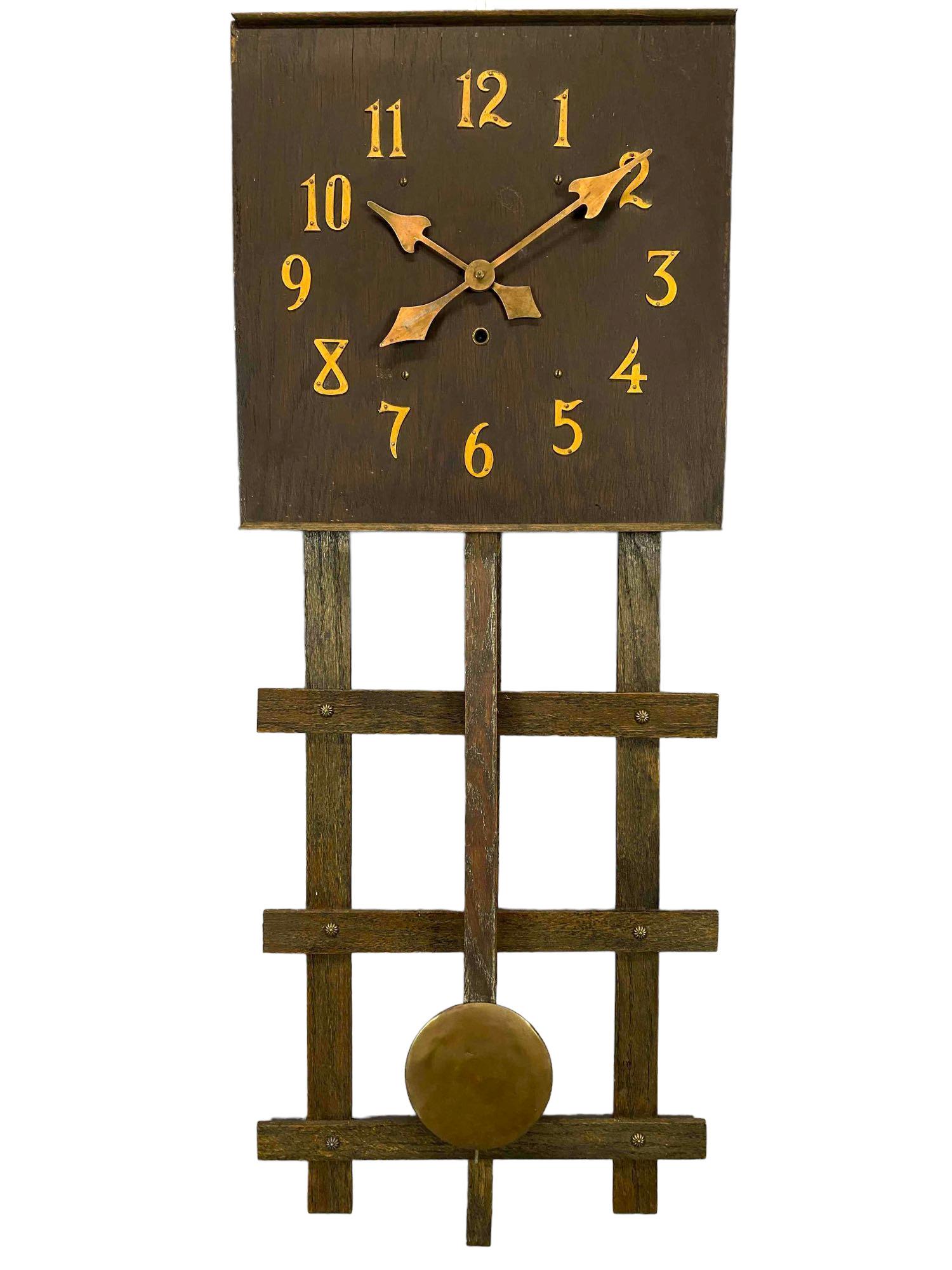 Antique Arts and Crafts Mission Oak Wall Clock, National Clock Mfg Co of Chicago, IL: Antique Arts and Crafts Mission Oak Wall Clock, National Clock Mfg Co of Chicago, IL. Approximately 35.625H x 14.75W x 3.125D in.