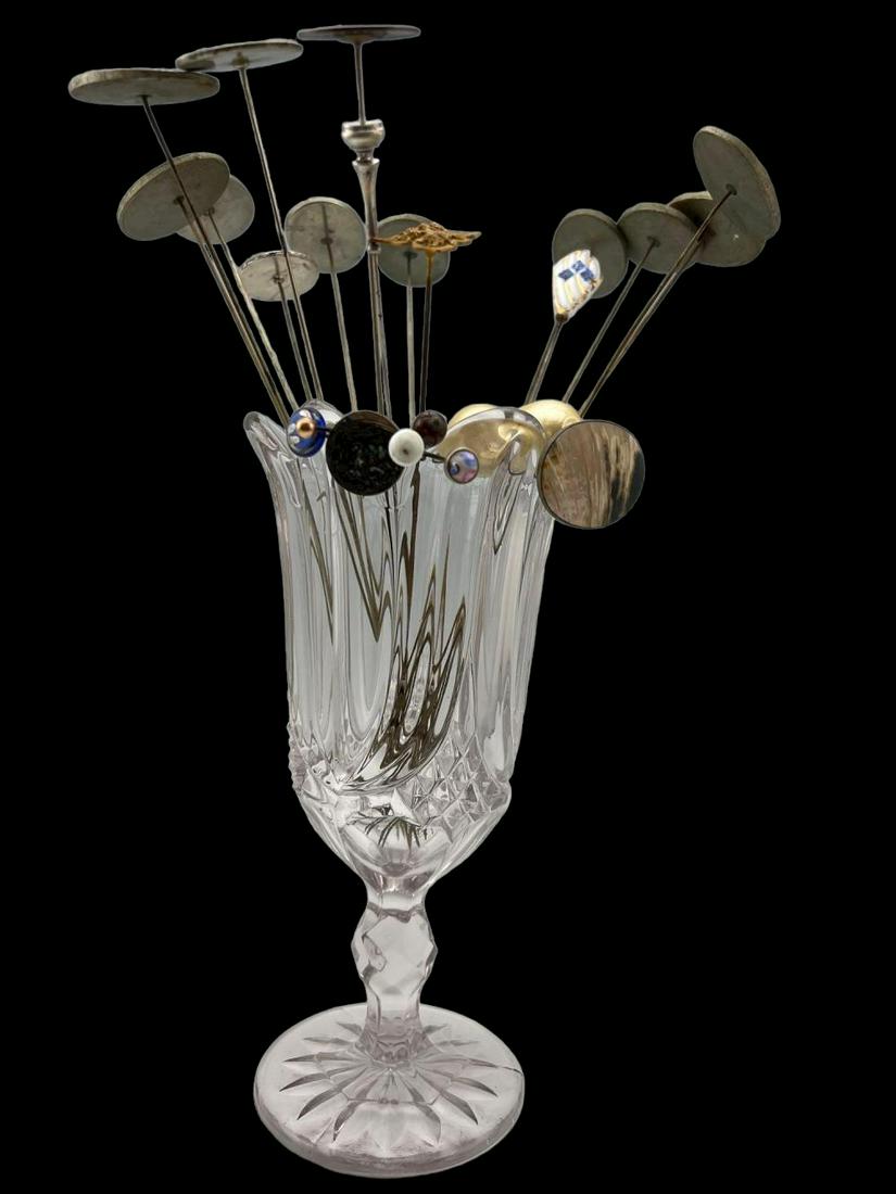 24 Hat Pins Including 10K And Sterling Silver In Early American Pressed Glass Celery Vase (1 of 19)