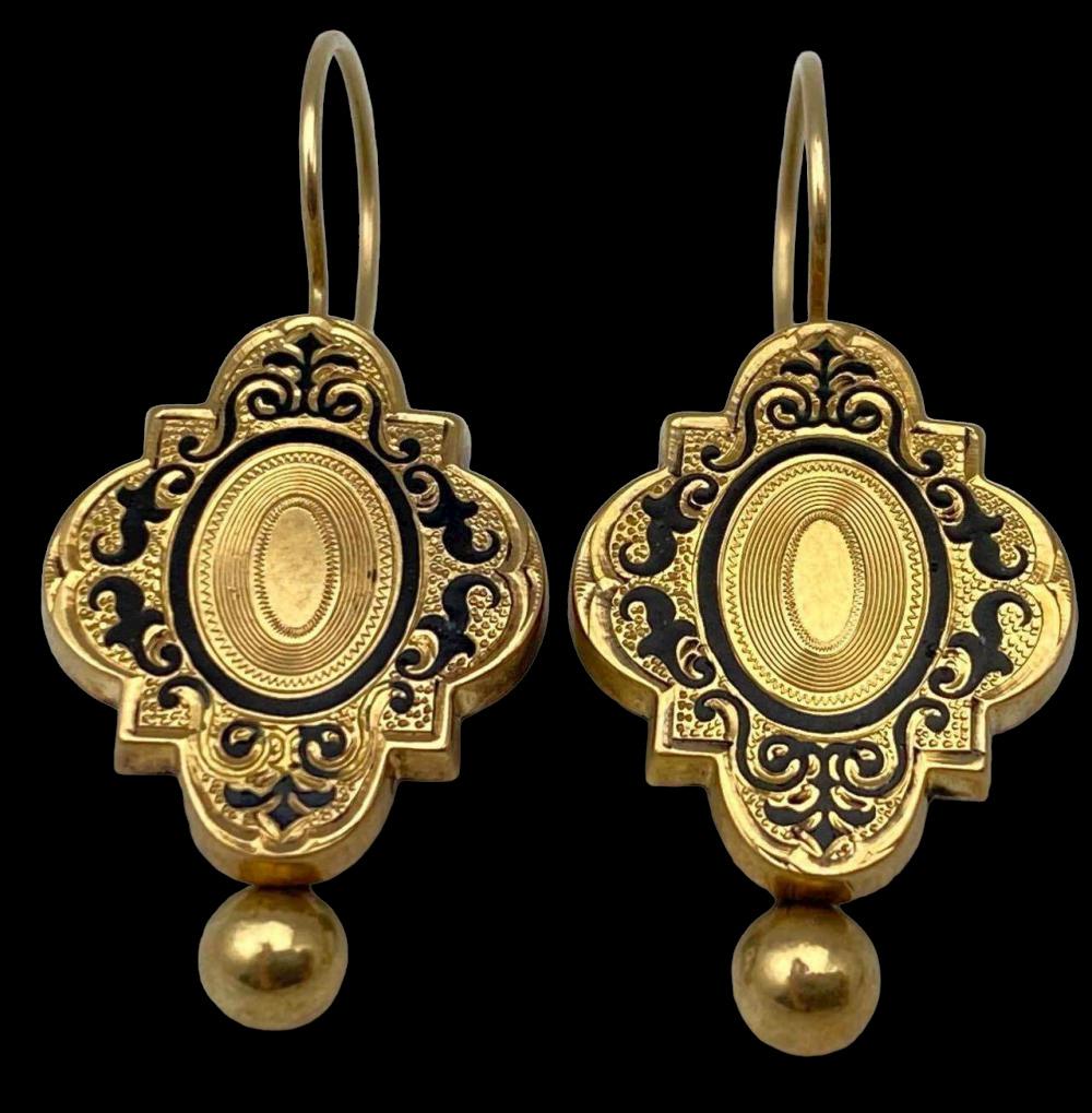 Antique 14K Drop Earrings With Black Enamel Detail (1 of 6)