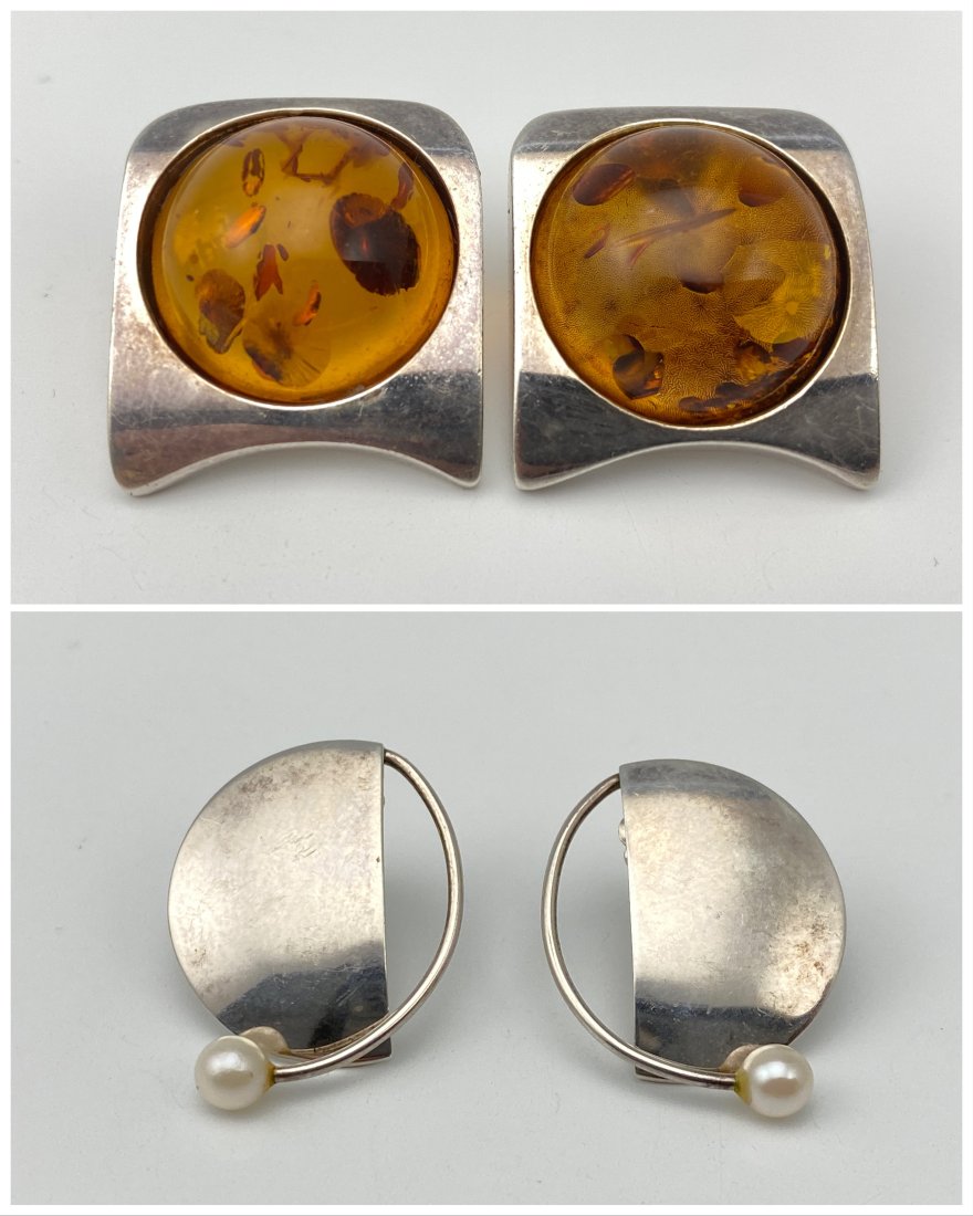Sterling Silver Amber And Pearl Earrings: Sterling Silver Amber And Pearl Earrings. 15.8. Pearl Earrings Marked J Grey, Sterling. Amber Earrings 0.875 x 0.875 in. Pearl Earrings 0.875 x 0.625 in. All measurements are approximate. ALL CREDIT C