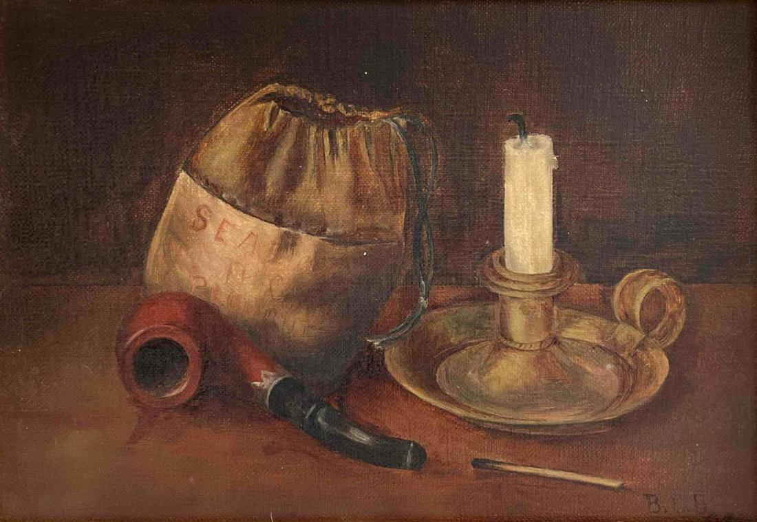 Still Life of Pipe and Smoking Items, Antique American School, Oil on Canvas (1 of 18)