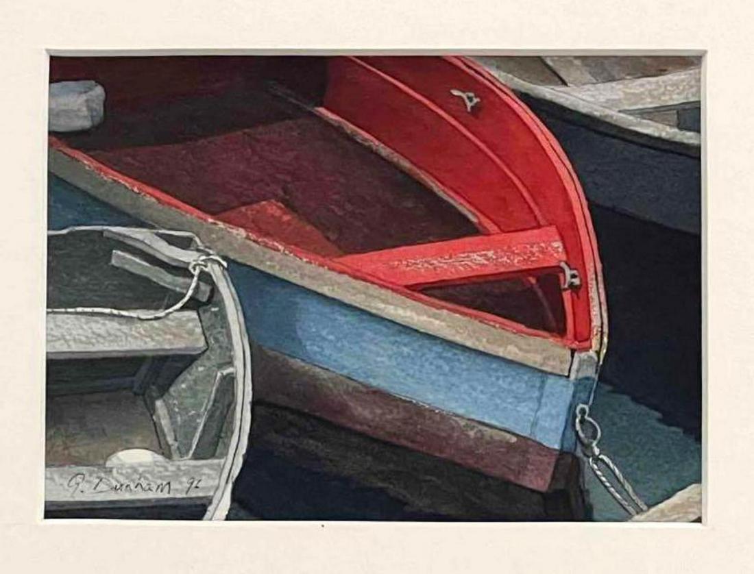 Gregory Dunham, Boats at Dock, Watercolor on Paper: Docked Boats Watercolor Painting, Signed G. Dunham 96. Approximately 13.25L x 12.25W in. Sight Approximately 5.625L x 4.125W in.