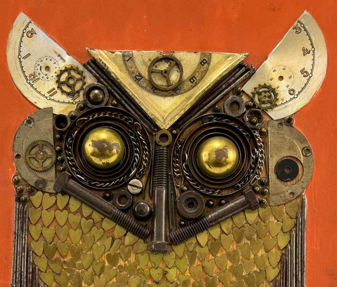 Brazilian Mid Century Modern Brutalist Owl Mixed Media Collage, Clock Parts, Scrap Metal, and Paint (1 of 19)