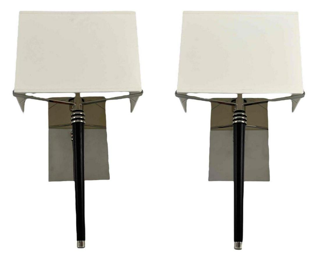 Pair of Holly Hunt French Moderne Style Ebonized Wood and Chrome Sconce Wall Lamps (1 of 16)
