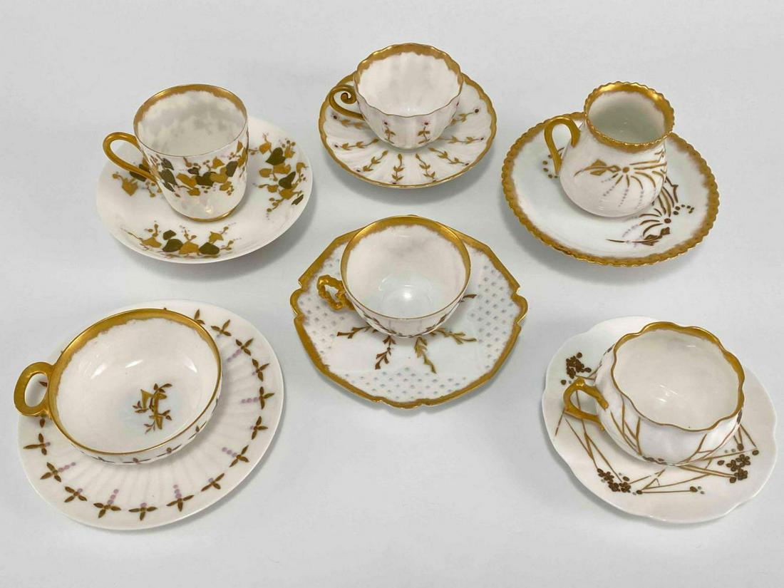 6 Antique Hand Painted Teacups, Limoges & More: 6 Antique Hand Painted Teacups And Saucers, Including Limoges. Marked J.P. L, D & Co, G.D. & Co Limoges, Elite Limoges. Largest Approximately 4.75W in. Smallest Approximately 3.0W x 2.5D x 1.5H in.