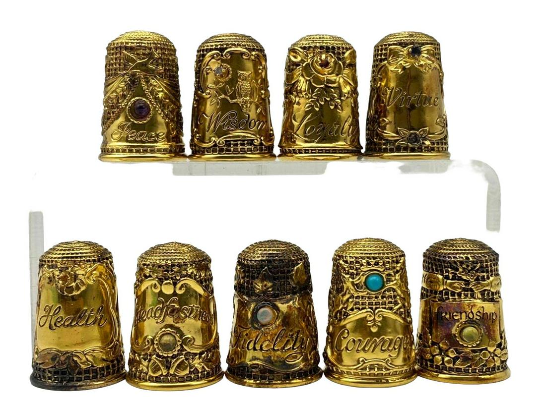 9 Sterling Silver Gold Plated Thimbles: 9 Sterling Silver Gold Plated Thimbles With Semi Precious Stones, 76.9g. All Marked Sterling 925 1982. Each Marked Peace, Loyalty, Virtue, Health, Friendship, Fidelity, Wisdom, Courage, Steadfastness.