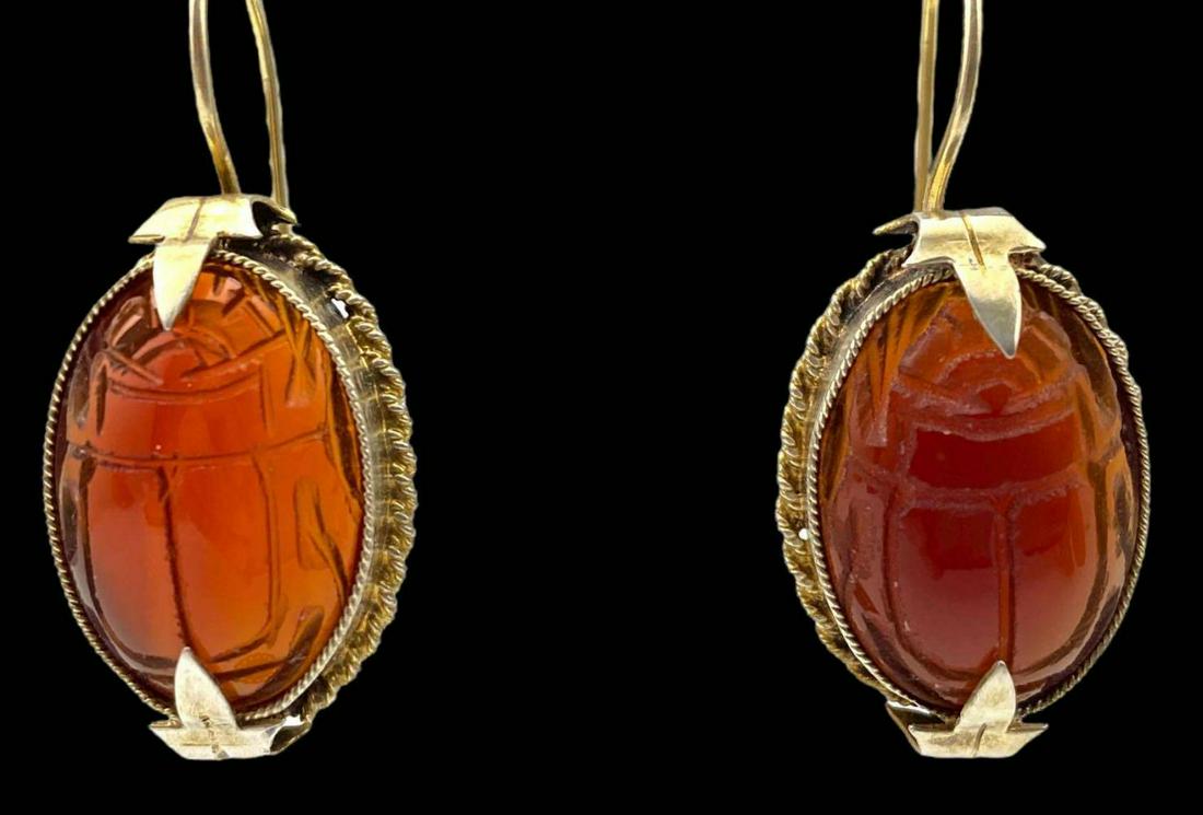 Hand Carved Carnelian Vermeil Scarab Beetle Earrings: Hand Carved Carnelian Vermeil Scarab Beetle Earrings, 6.7g. Marked 925SI. Approximately 0.9375L x 0.625W in.
