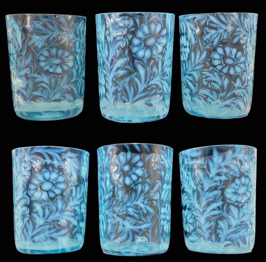 6 Fenton Daisy And Fern Opalescent Blue Art Glass Tumblers: 6 Fenton Daisy And Fern Opalescent Blue Art Glass Tumblers. Approximately 3.75H x 3.0W in.