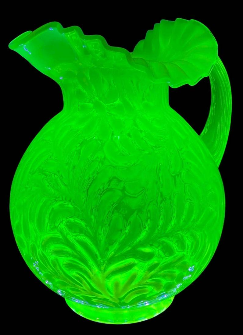 Fenton Uranium Glass Daisy and Fern Art Glass Pitcher: Fenton Uranium Glass Daisy and Fern Art Glass Pitcher. Approximately 9.25H x 7.5W x 6.0D in.